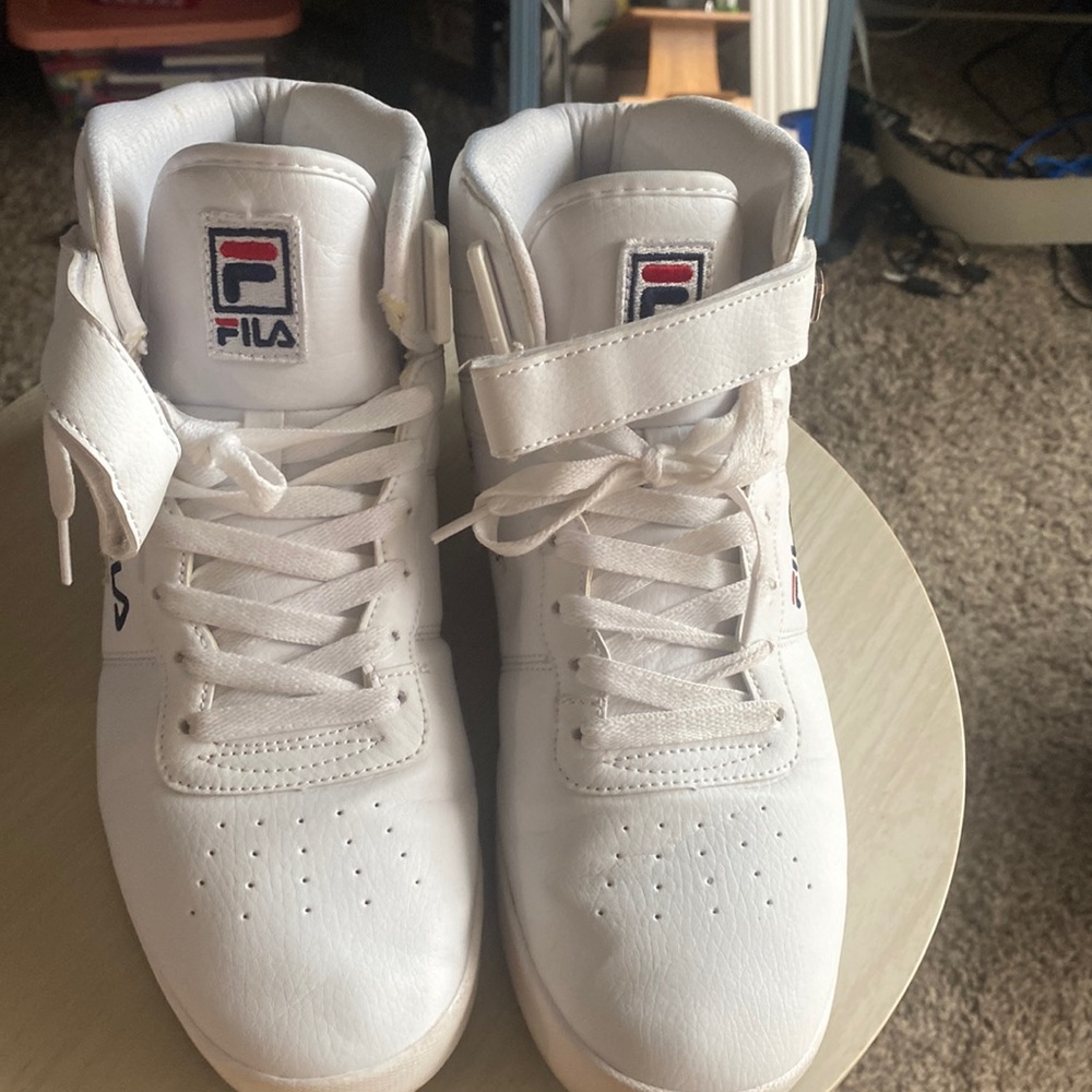 Fila white high tops…red white and blue patriot edition